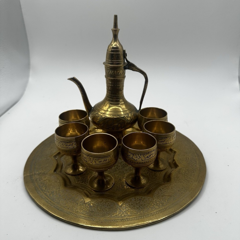 Vintage Turkish Brass Aftaba Ewer Pitcher Goblets Tray Set Etched Floral Pattern